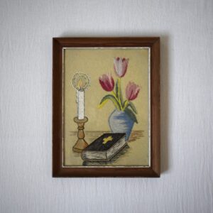 花と聖書とキャンドル /  刺繍絵・スウェーデン