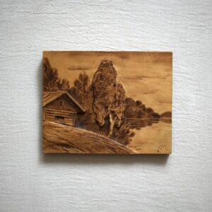 山小屋と湖と白樺・1967年 / 木彫りの絵・Made in Sweden
